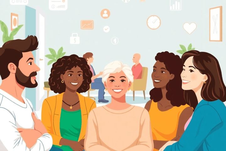 Group of people engaged in group therapy and counseling in a bright, welcoming rehab center with recovery symbols subtly in the background.
