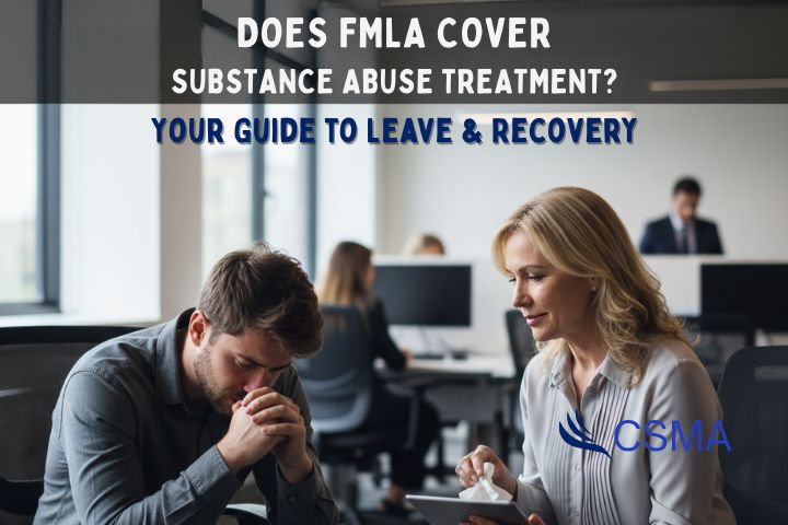 A distraught employee meeting with an HR representative. They are discussing FMLA leave request for drug and alcohol rehab.